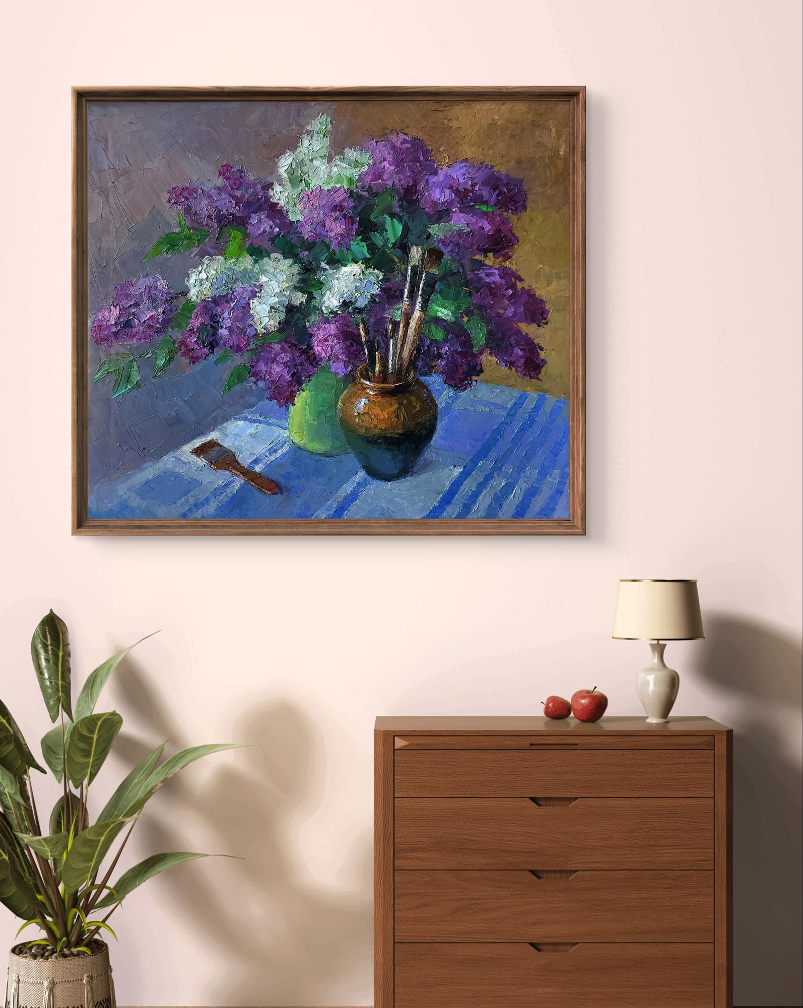 Oil painting Still life with lilac by Boris Serdyuk: purple white bouquet in vase