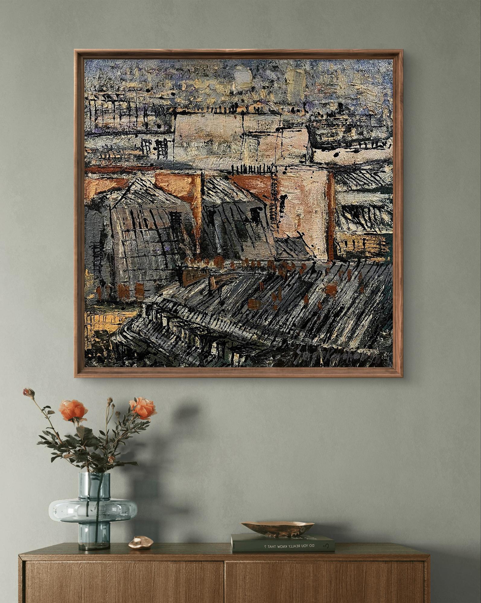 Oil painting Life in the City by Serhiy Kovalev in wooden frame