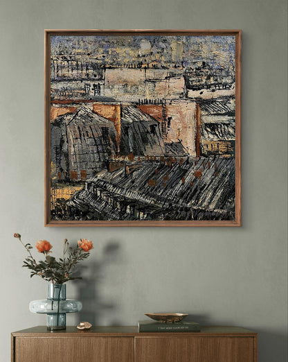 Oil painting Life in the City by Serhiy Kovalev in wooden frame