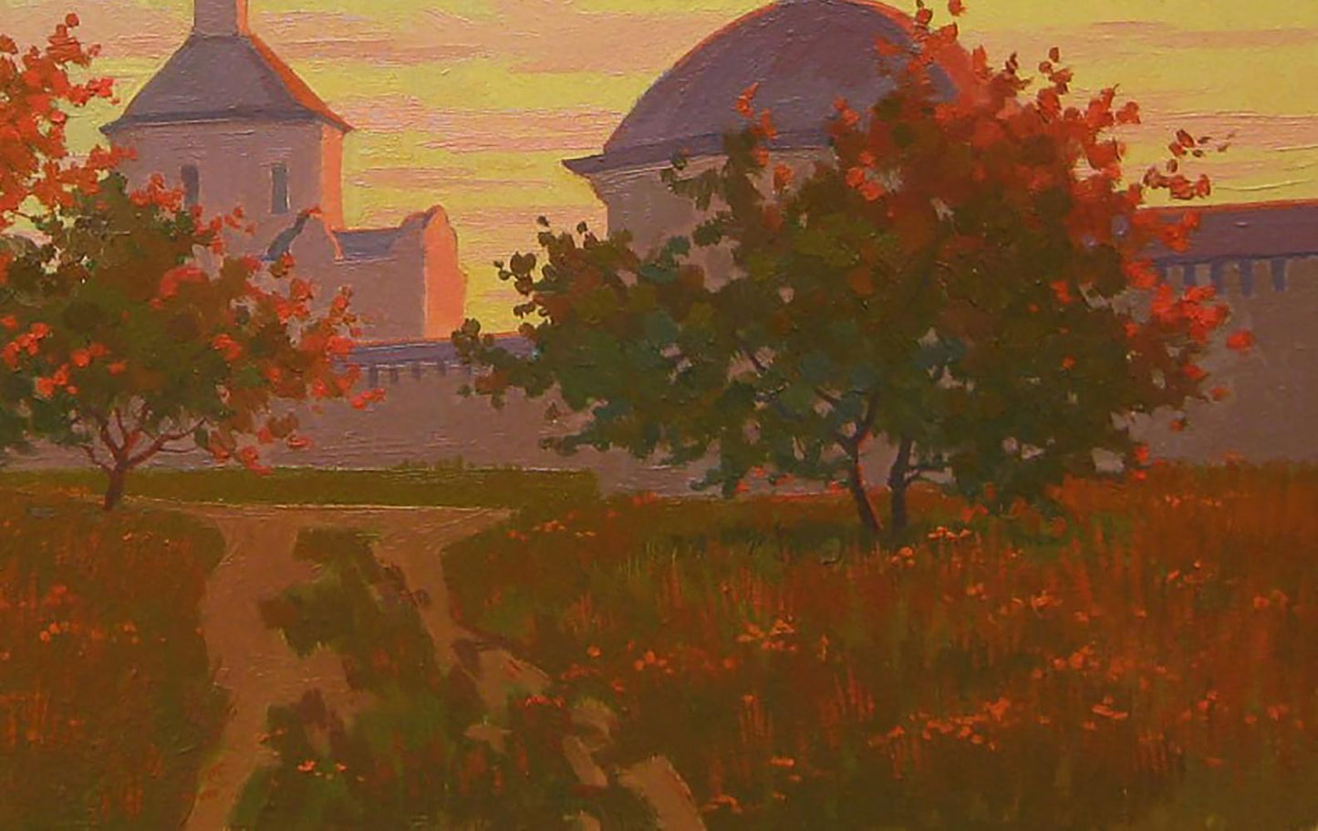 Oil painting of yellow sunset over church by Valery Savenets
