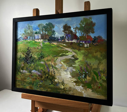 Oil painting Morning with cows by Yuriy Suprunchuk in rustic frame