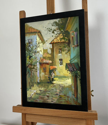 Oil painting Fresh air from the streets by Yuriy Suprunchuk in black frame