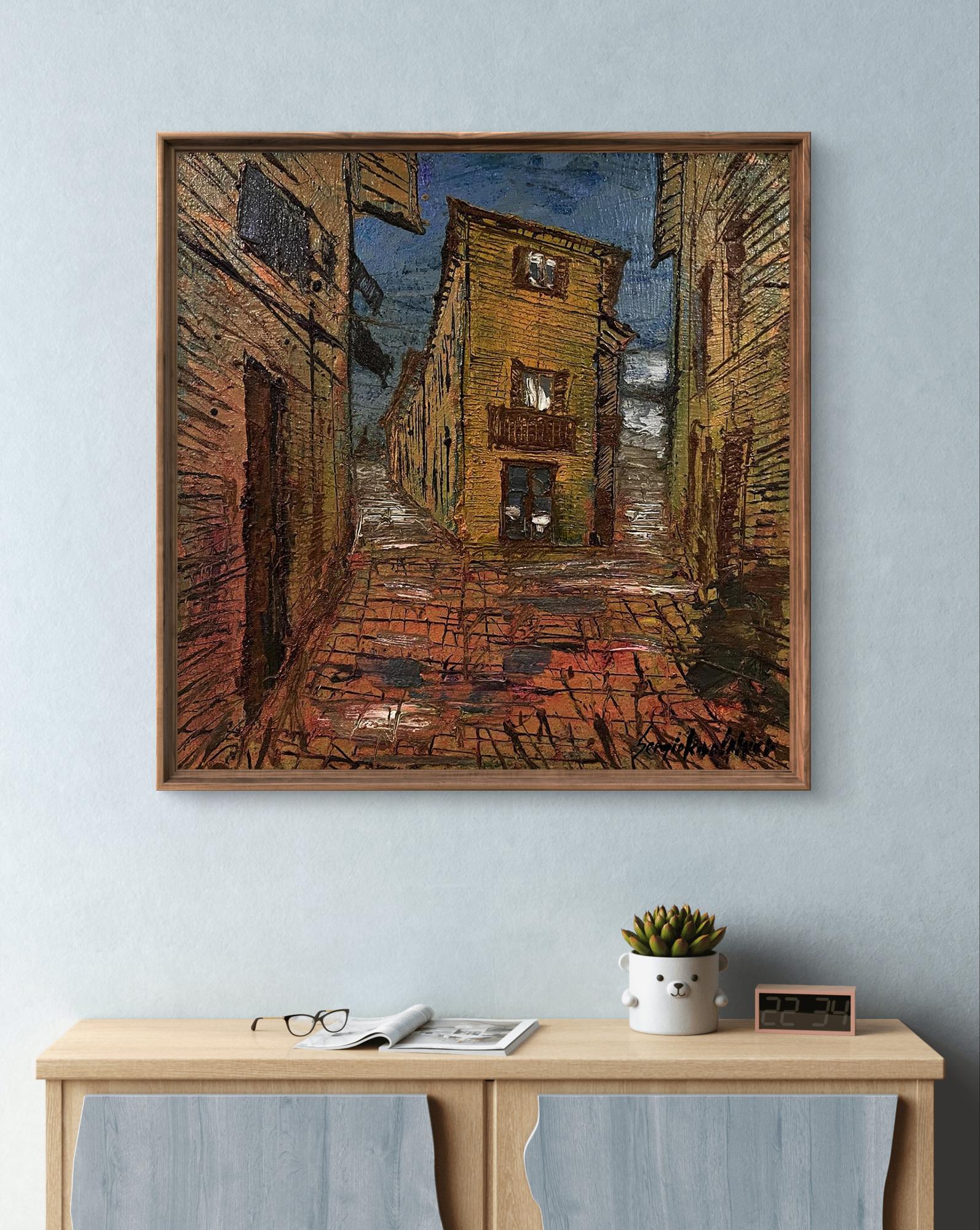 Oil painting of urban slums cobblestone alley by Serhiy Kovalev