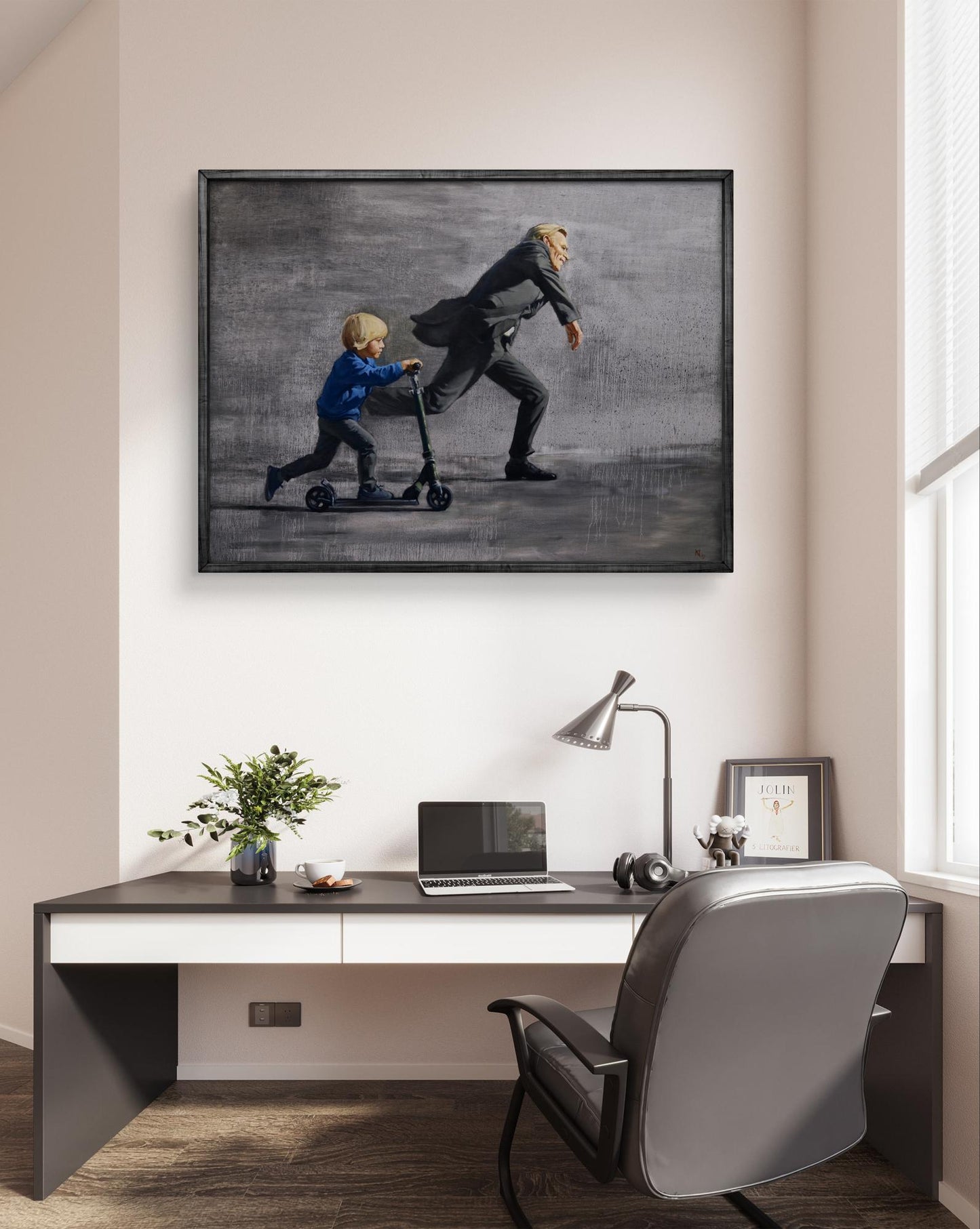 Oil painting Chasing the Rain by Oleg Kateryniuk: man and child on scooter