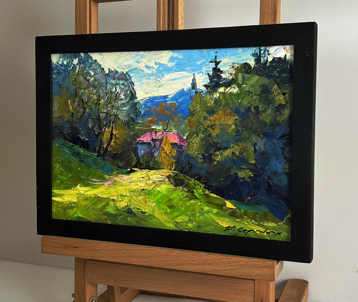 Oil painting The House with the Pink Roof by Boris Serdyuk in black frame