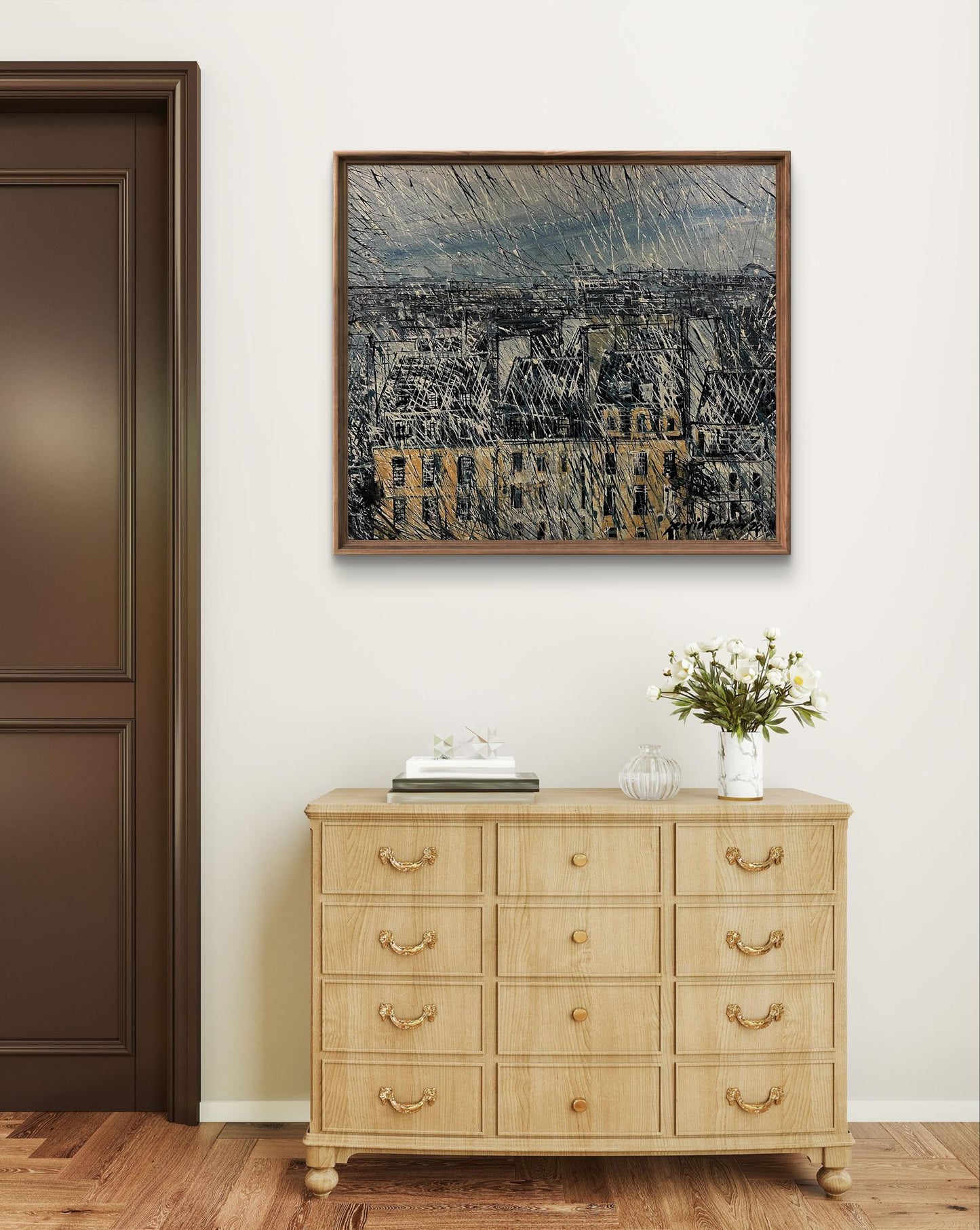 Framed abstract cityscape oil painting by Serhiy Kovalev in grays and ochre