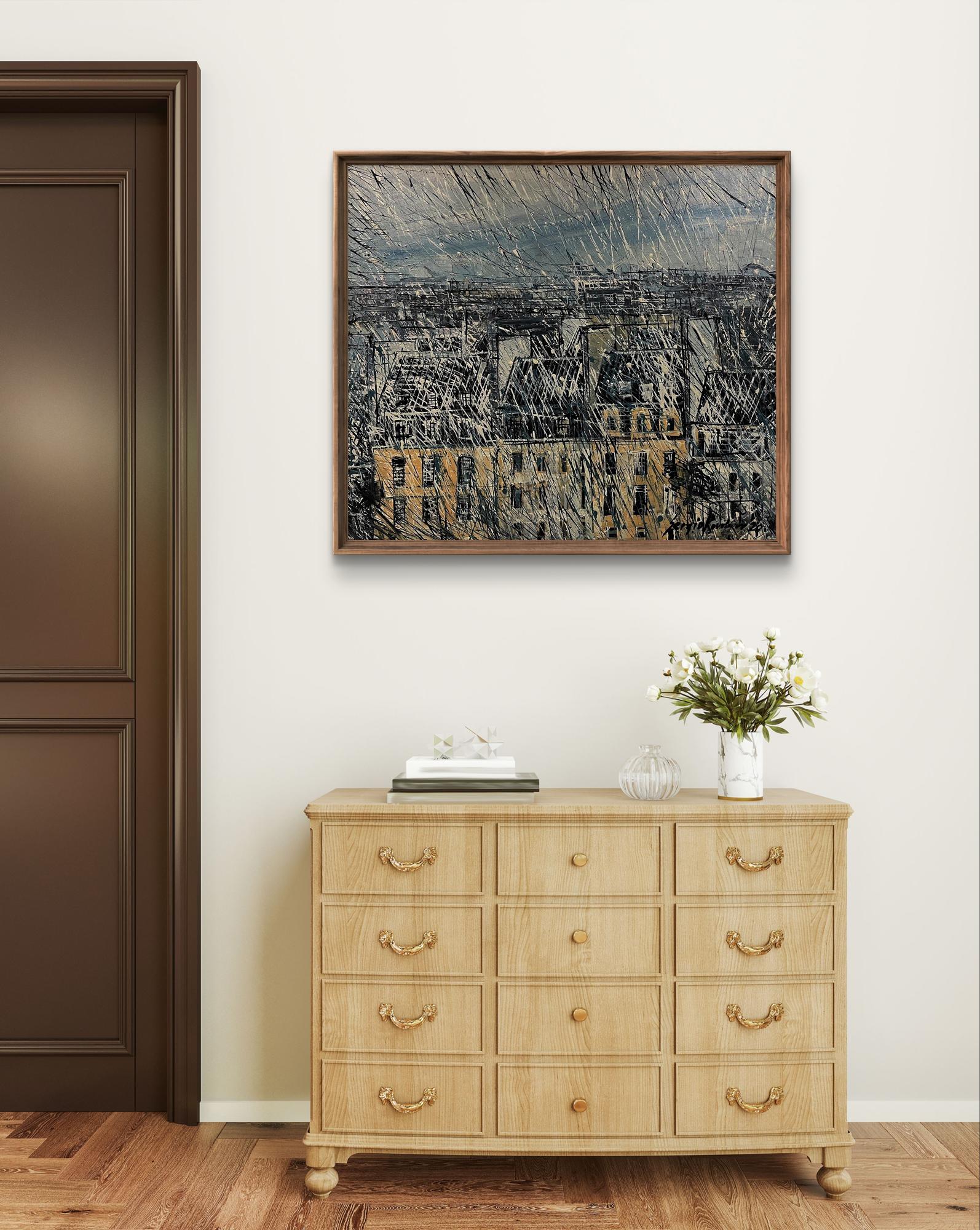Framed abstract cityscape oil painting by Serhiy Kovalev in grays and ochre