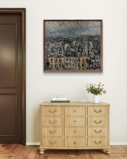 Framed abstract cityscape oil painting by Serhiy Kovalev in grays and ochre