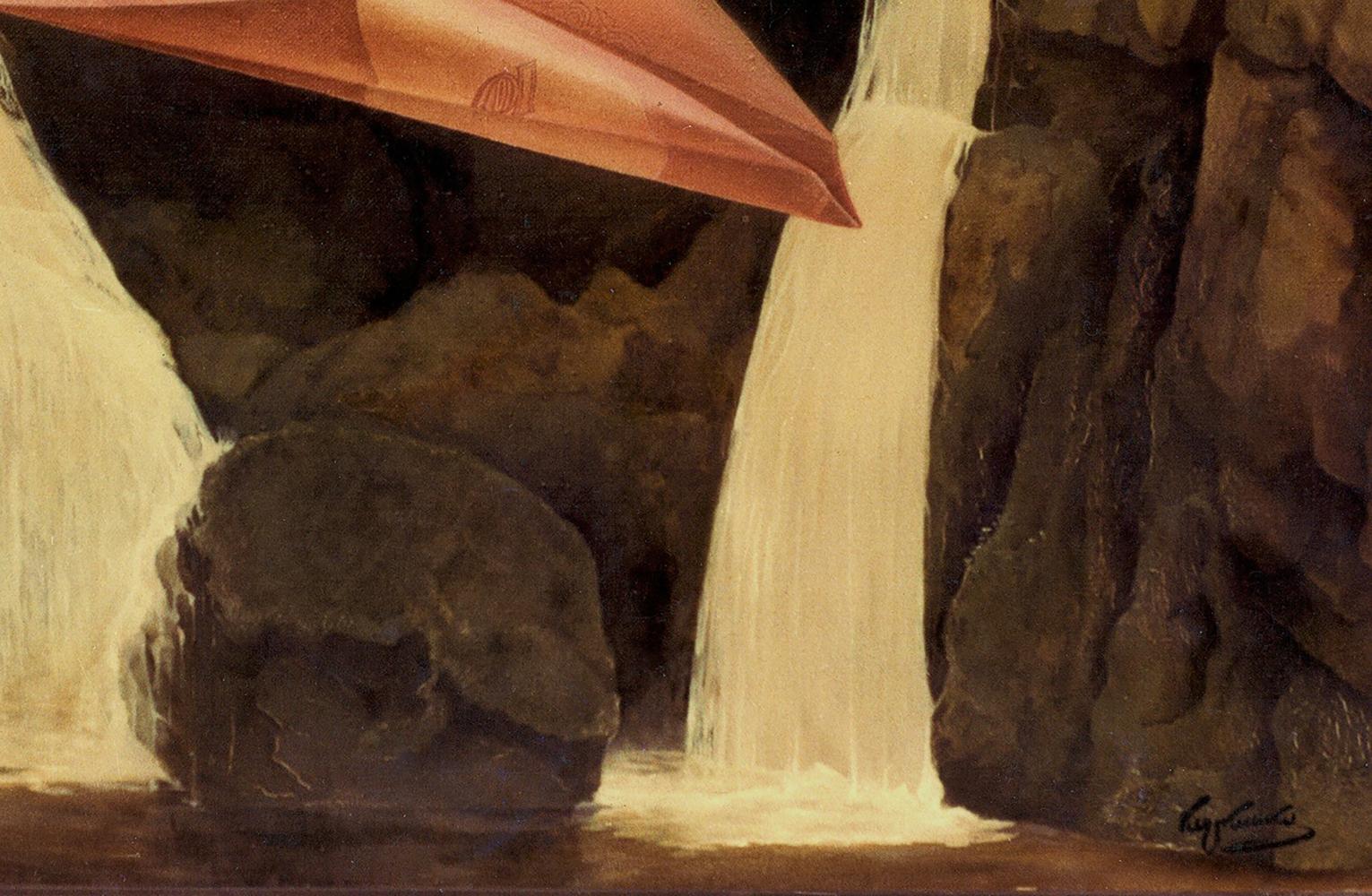 Oil painting The uncertainty of life by Vasily Korkishko: reddish-brown paper airplane above waterfall