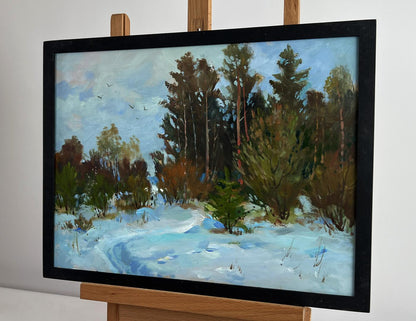 Oil painting Path in the winter forest by Yuriy Suprunchuk in black frame