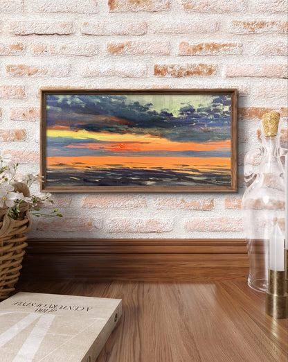 Oil painting Sunset at sea by Tatyana Derdey in brown wooden frame