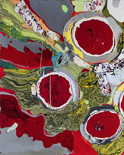 Oil painting Winter Flowers by Natalia Korf-Ivaniuk with red circles