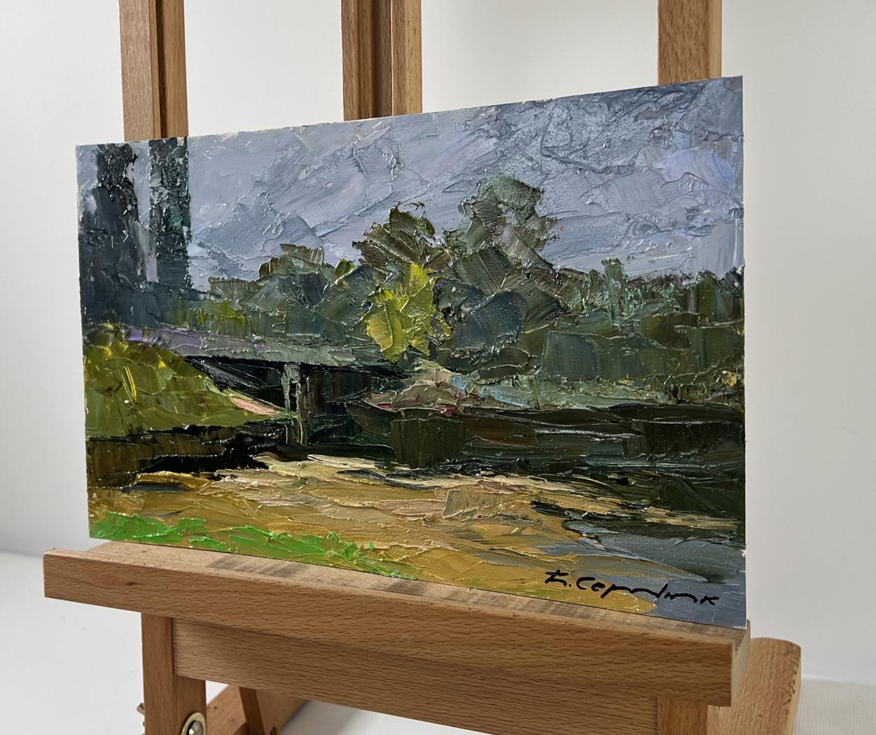 Textured oil painting of Boris Serdyuk bridge over water, impasto landscape