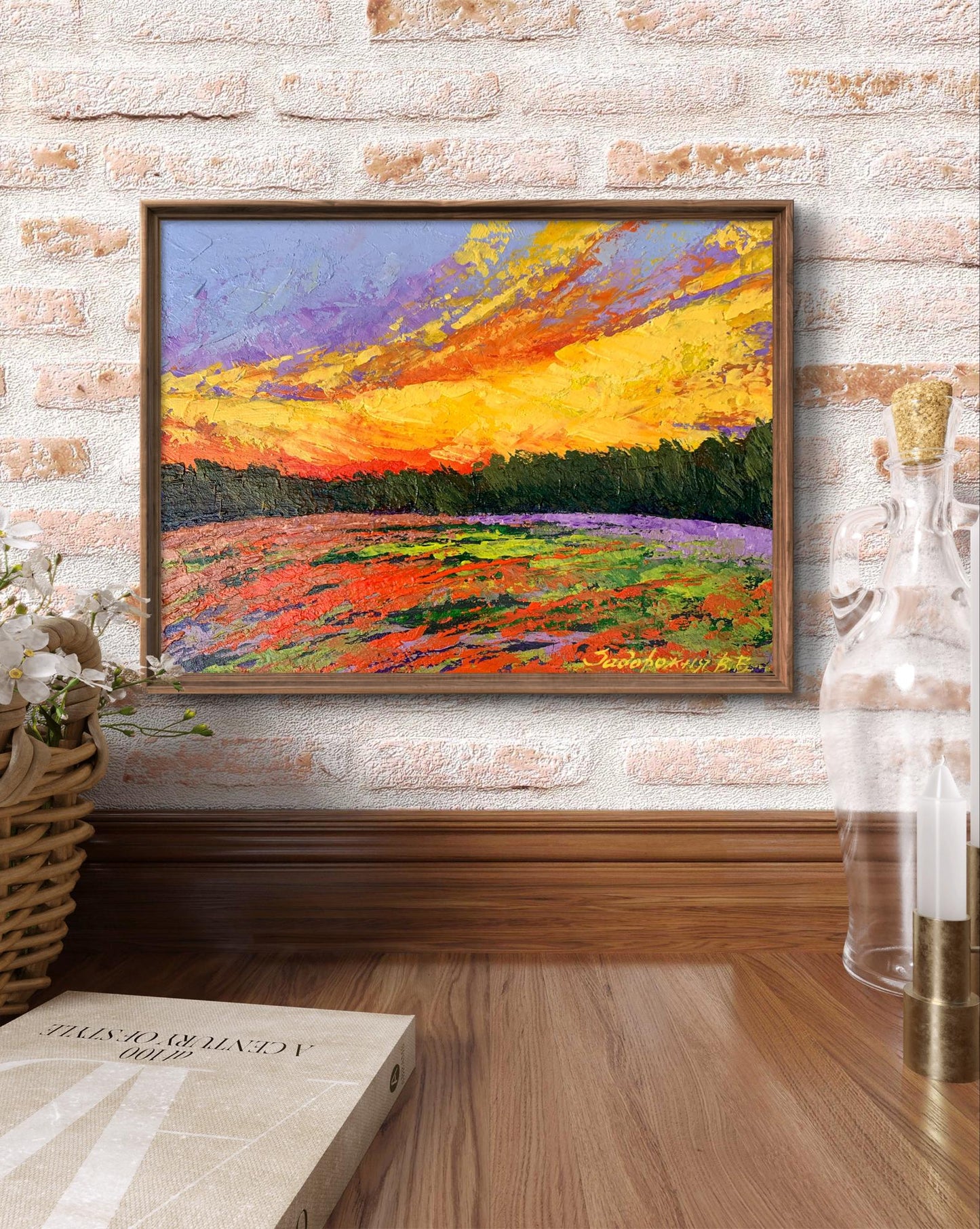 Vibrant impressionist oil painting Watching the sunset in the field by V. Zadorozhnya in wooden frame