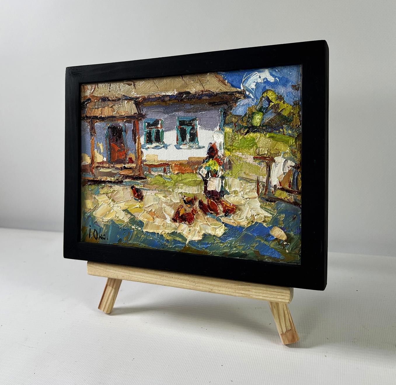 Oil painting Yard in August by Oksana Ivanyuk on wooden easel