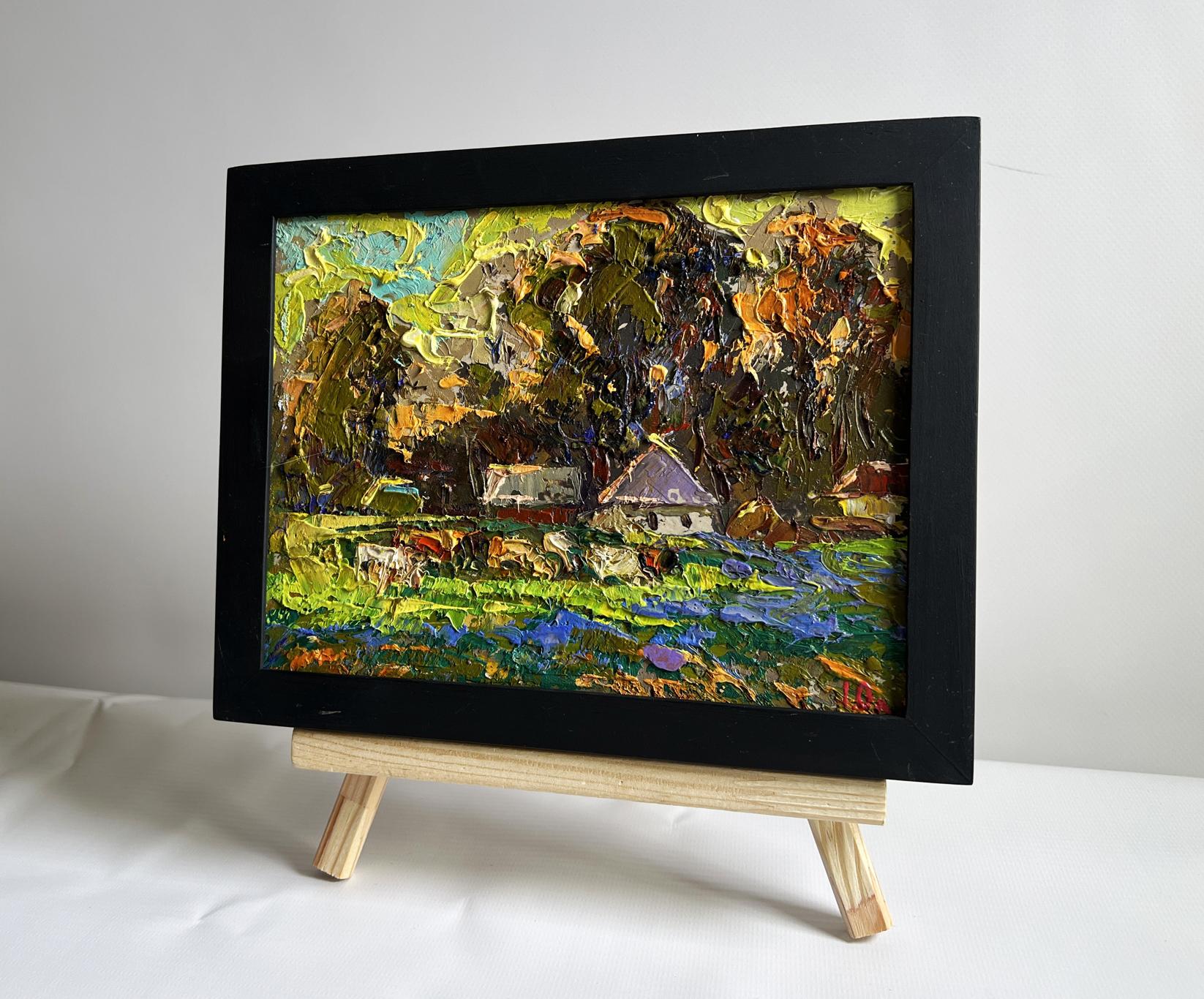 Vibrant oil painting Along the green field by Oleksiy Ivanyuk in black frame