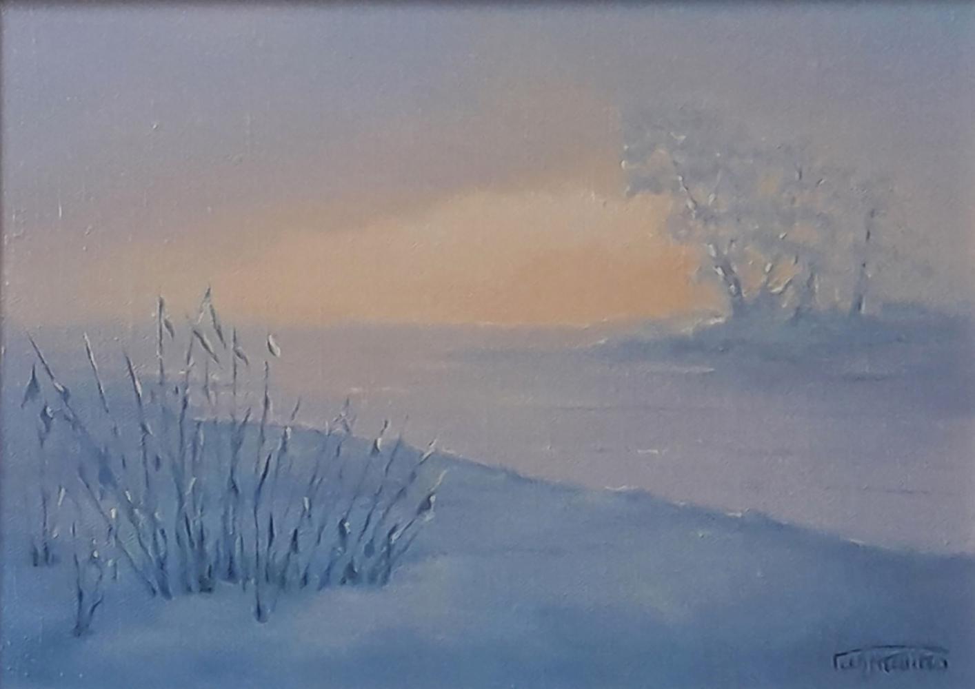 Oil painting of frosty winter morning by Vasily Korkishko, snowy dusk landscape