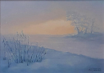 Oil painting of frosty winter morning by Vasily Korkishko, snowy dusk landscape