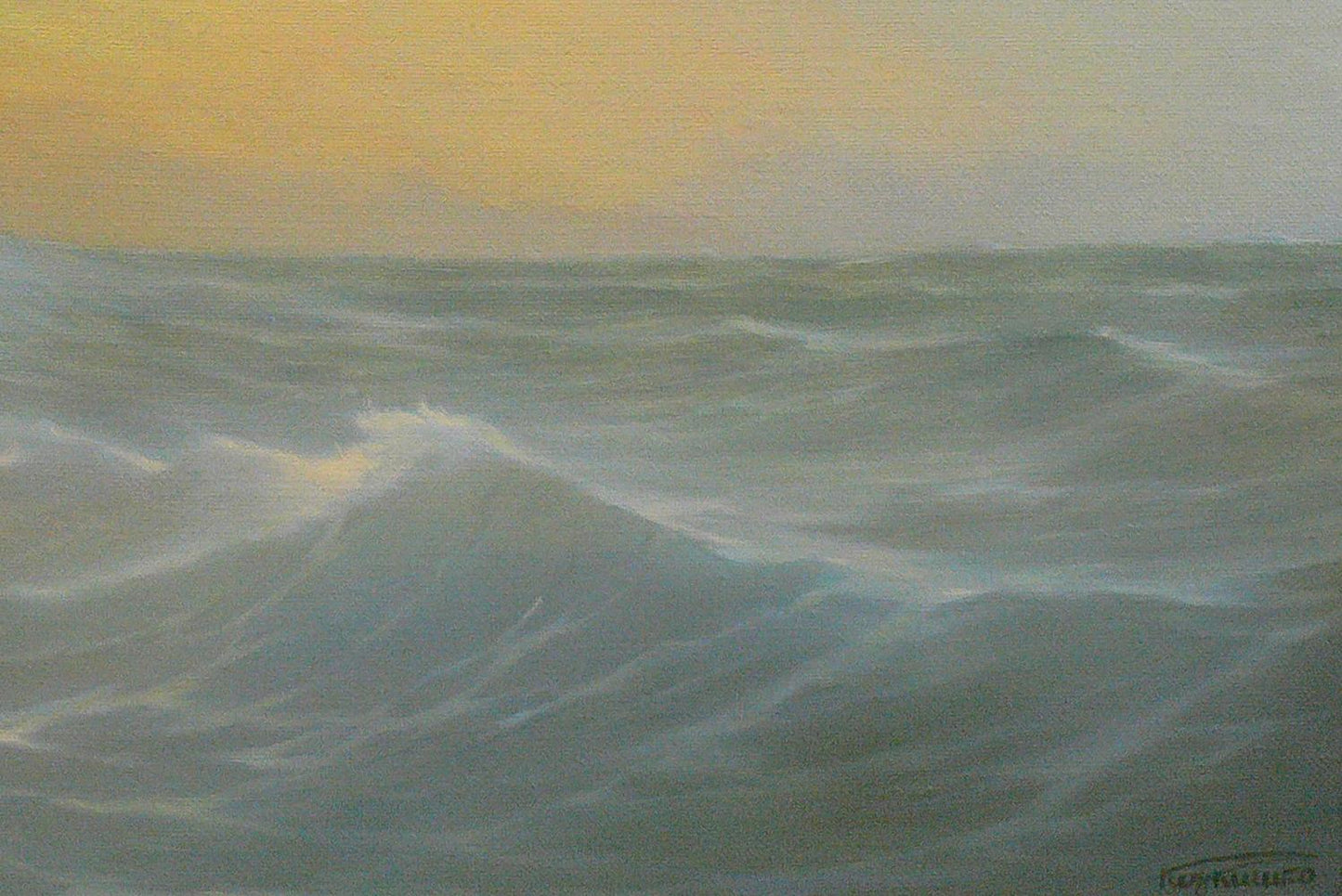 Oil painting Evening Waves by Vasily Korkishko: turbulent ocean waves under golden sky
