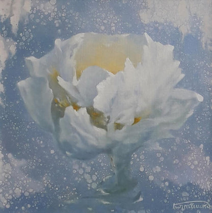 Delicate white peony oil painting by Vasily Korkishko on blue background