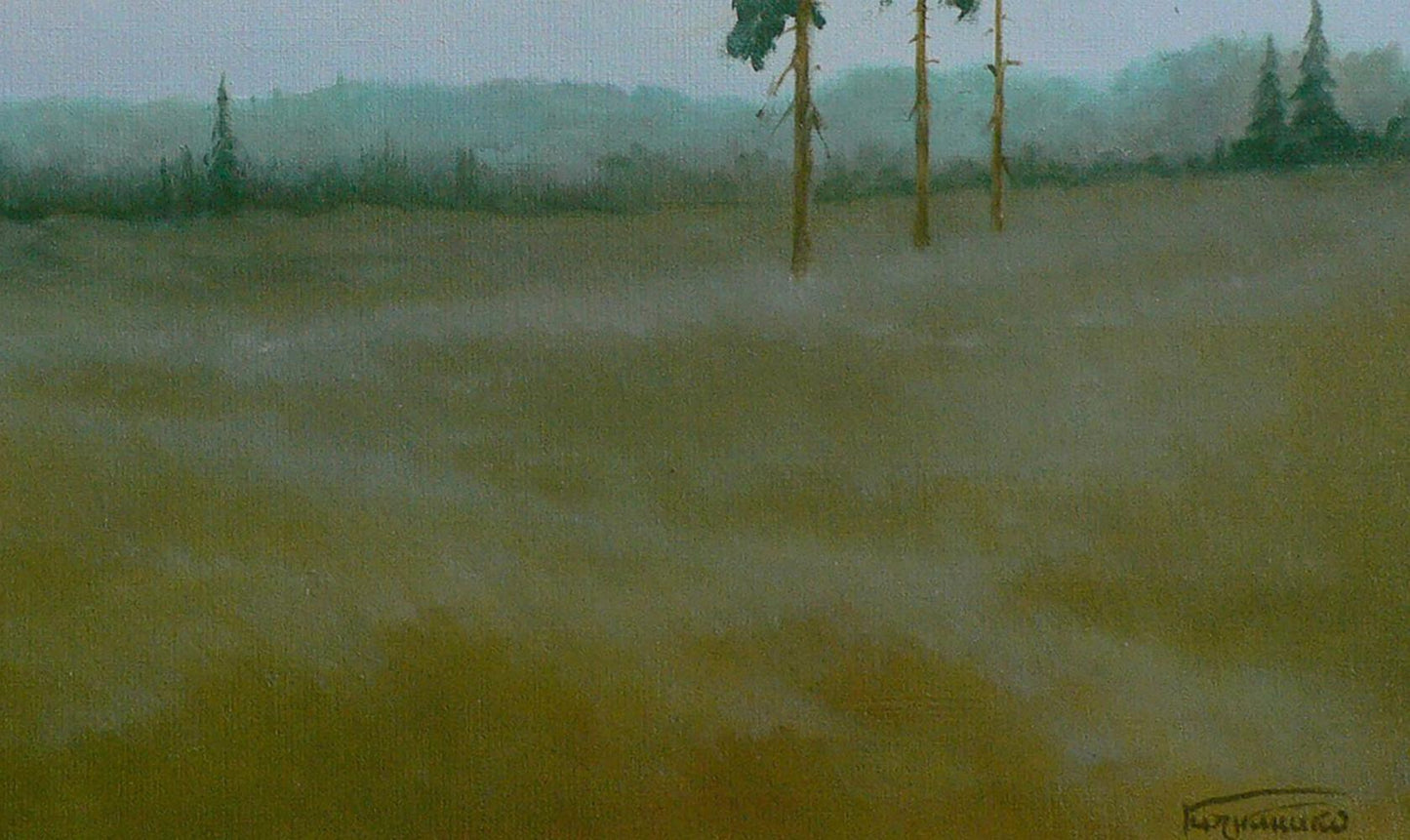 Soft watercolor misty field with trees, oil painting Hunters hut by Vasily Korkishko