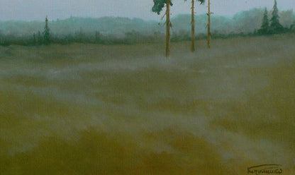 Soft watercolor misty field with trees, oil painting Hunters hut by Vasily Korkishko