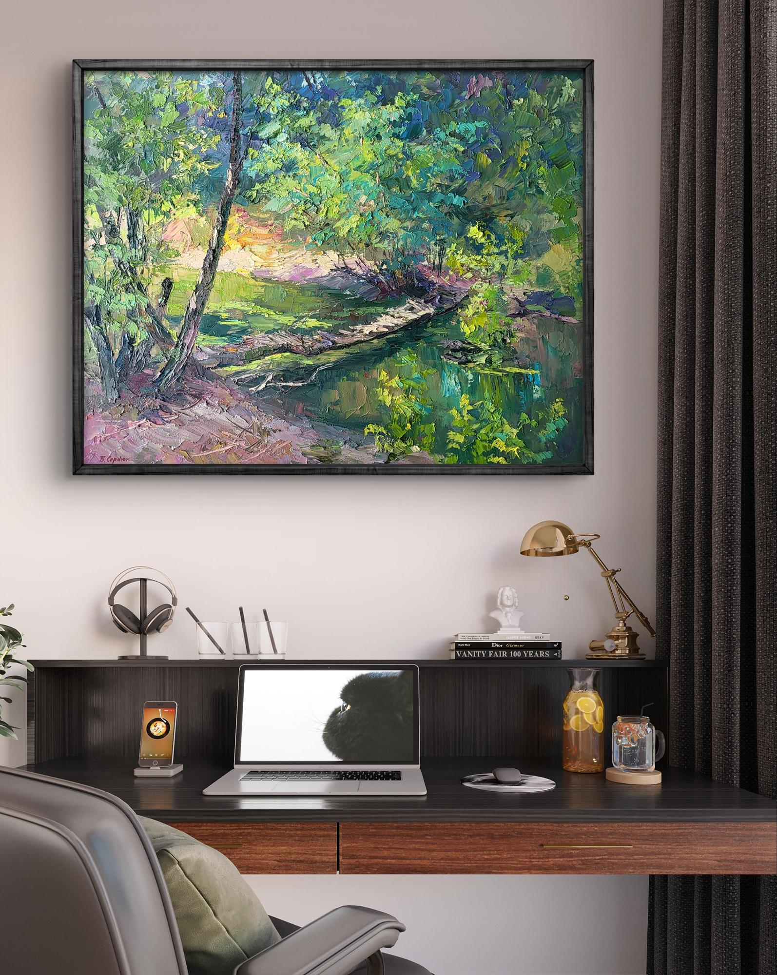 Oil painting Bridge over the river by Boris Serdyuk in black frame