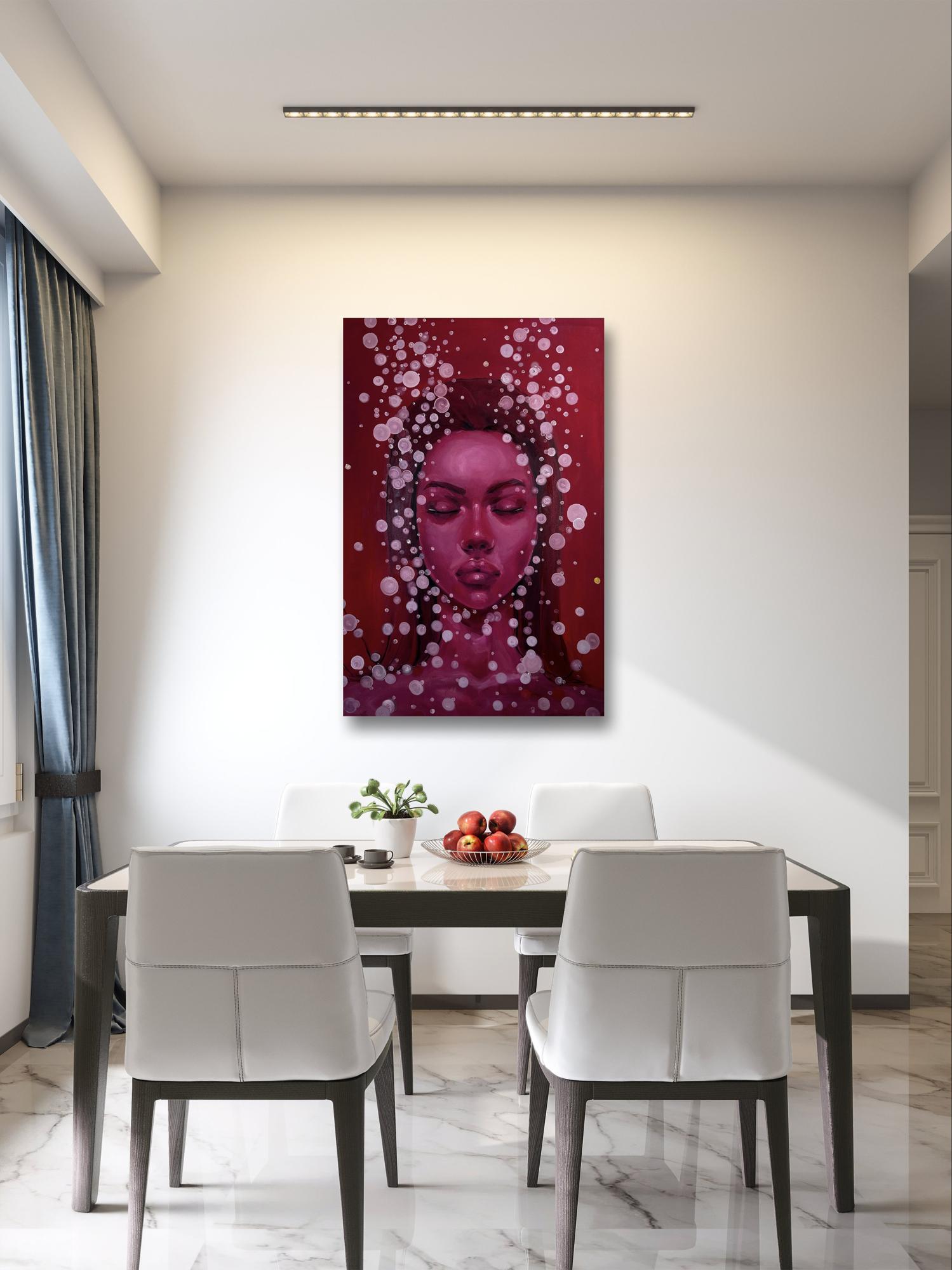 Oil painting Gravitation by Victoria Kagalovska: red portrait with radiant white circles
