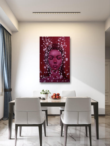 Oil painting Gravitation by Victoria Kagalovska: red portrait with radiant white circles