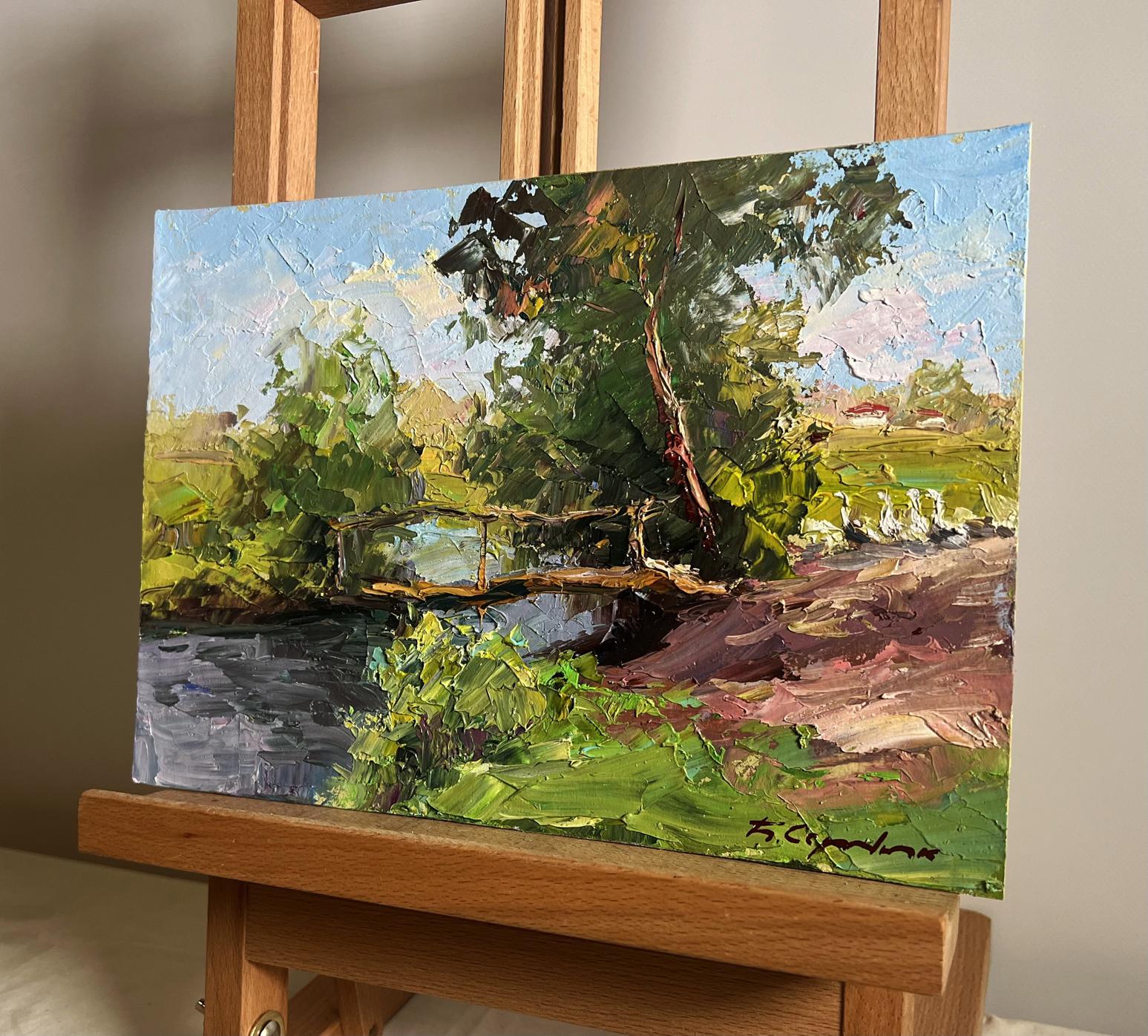 Vibrant impressionist oil painting by Boris Serdyuk: landscape with geese, rustic bridge