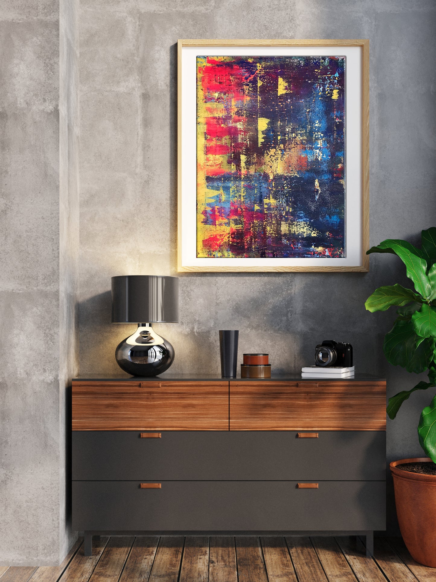 A sleepless night abstract painting in light wood frame with vibrant brushstrokes