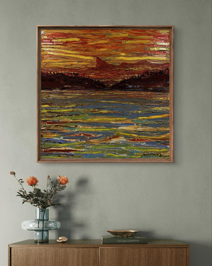 Oil painting The Glow by Serhiy Kovalev, abstract landscape in oranges and blues