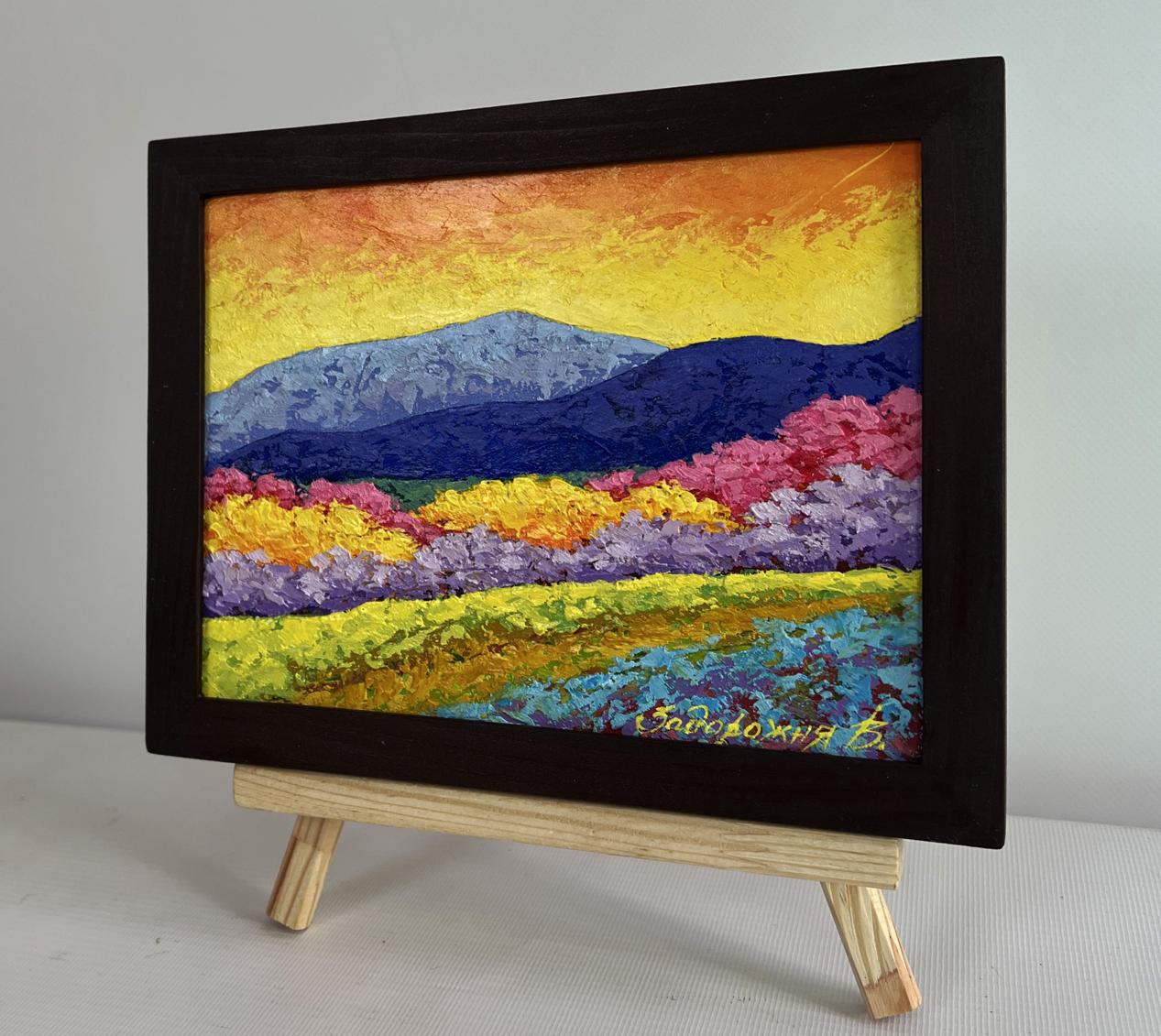 Oil painting Fiery sunset over the mountain by V. Zadorozhnya in black frame