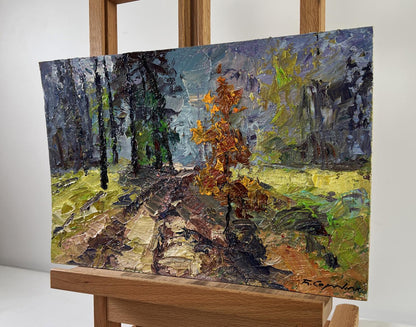 Oil painting The road among the trees by Boris Serdyuk on wooden easel