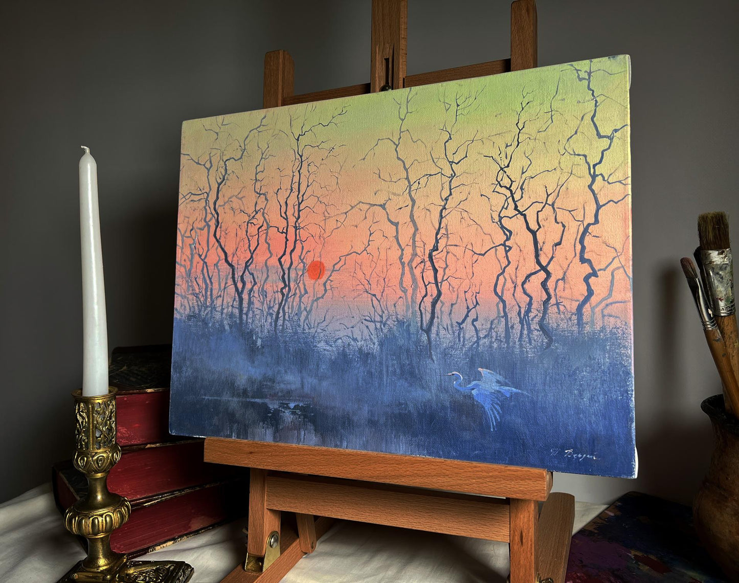 Oil painting Evening on a Misty Lake by Tatyana Derdey, surreal forest sunset