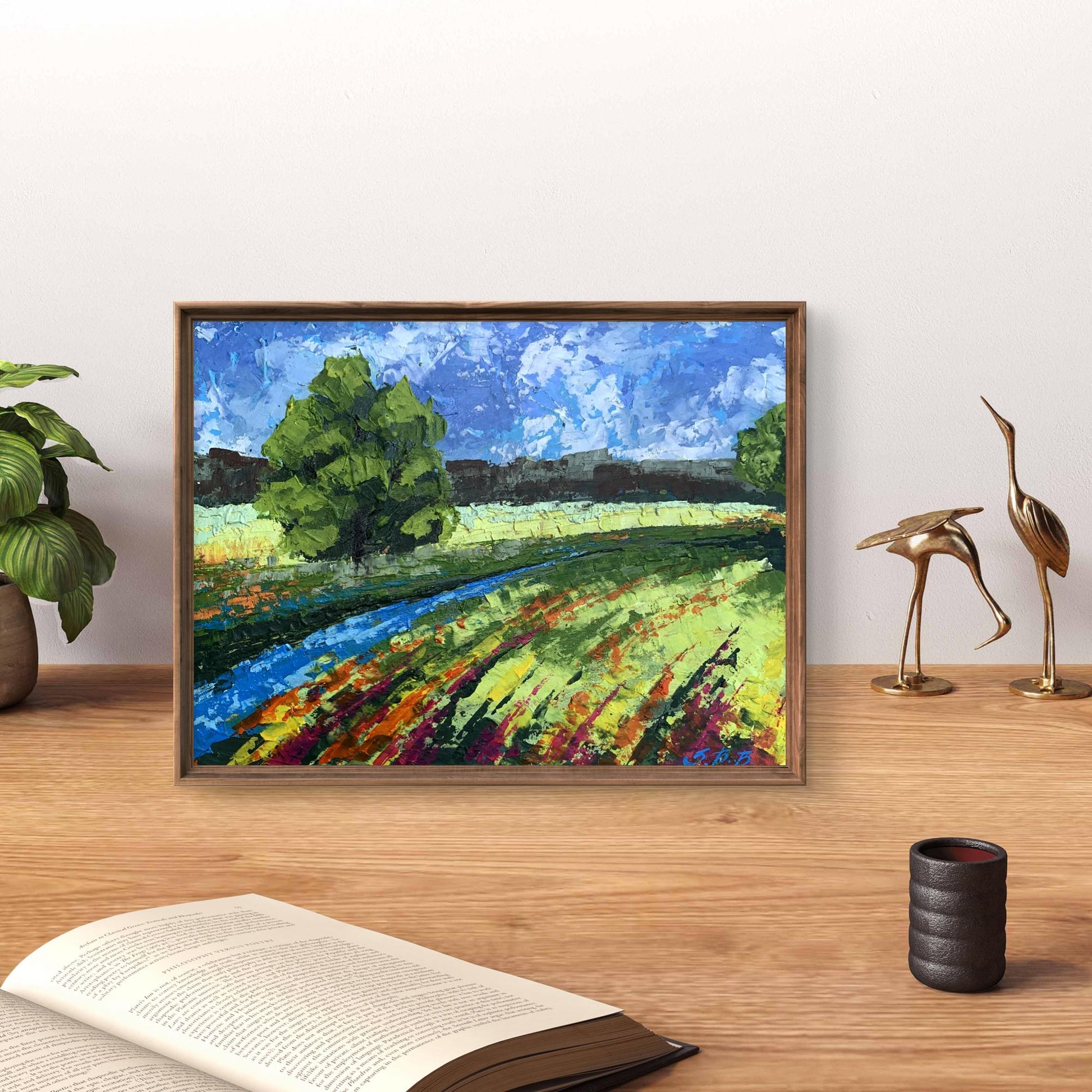 Oil painting Green fields under clear skies V. Zadorozhnya in rustic frame