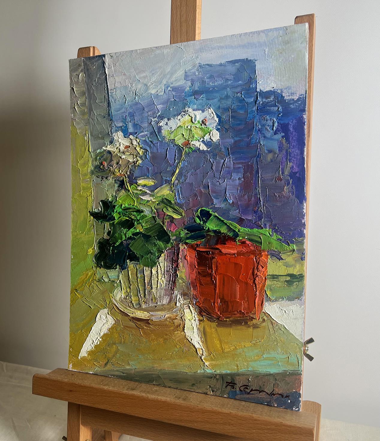 Oil painting Flowers on the windowsill by Boris Serdyuk, two potted plants