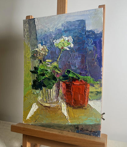 Oil painting Flowers on the windowsill by Boris Serdyuk, two potted plants