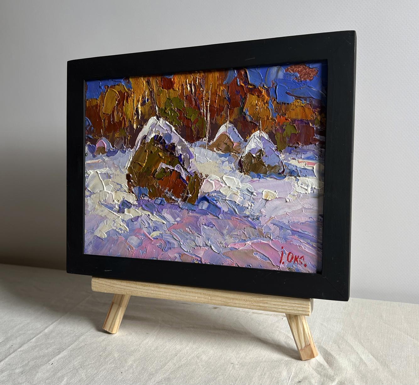 Framed impressionist oil painting Winter night in nature by Oksana Ivanyuk