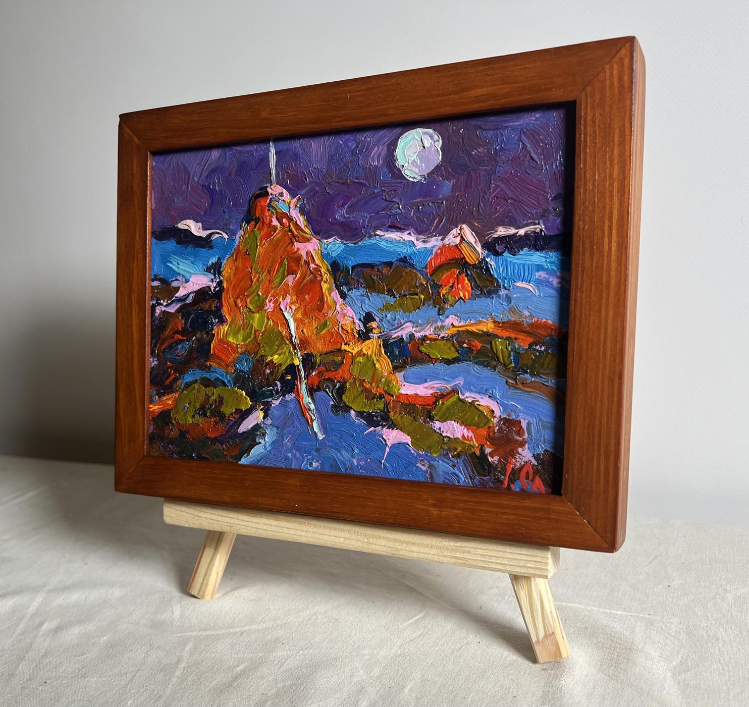 Oil painting Moonlit Night in the Field by Oleksiy Ivanyuk in wooden frame