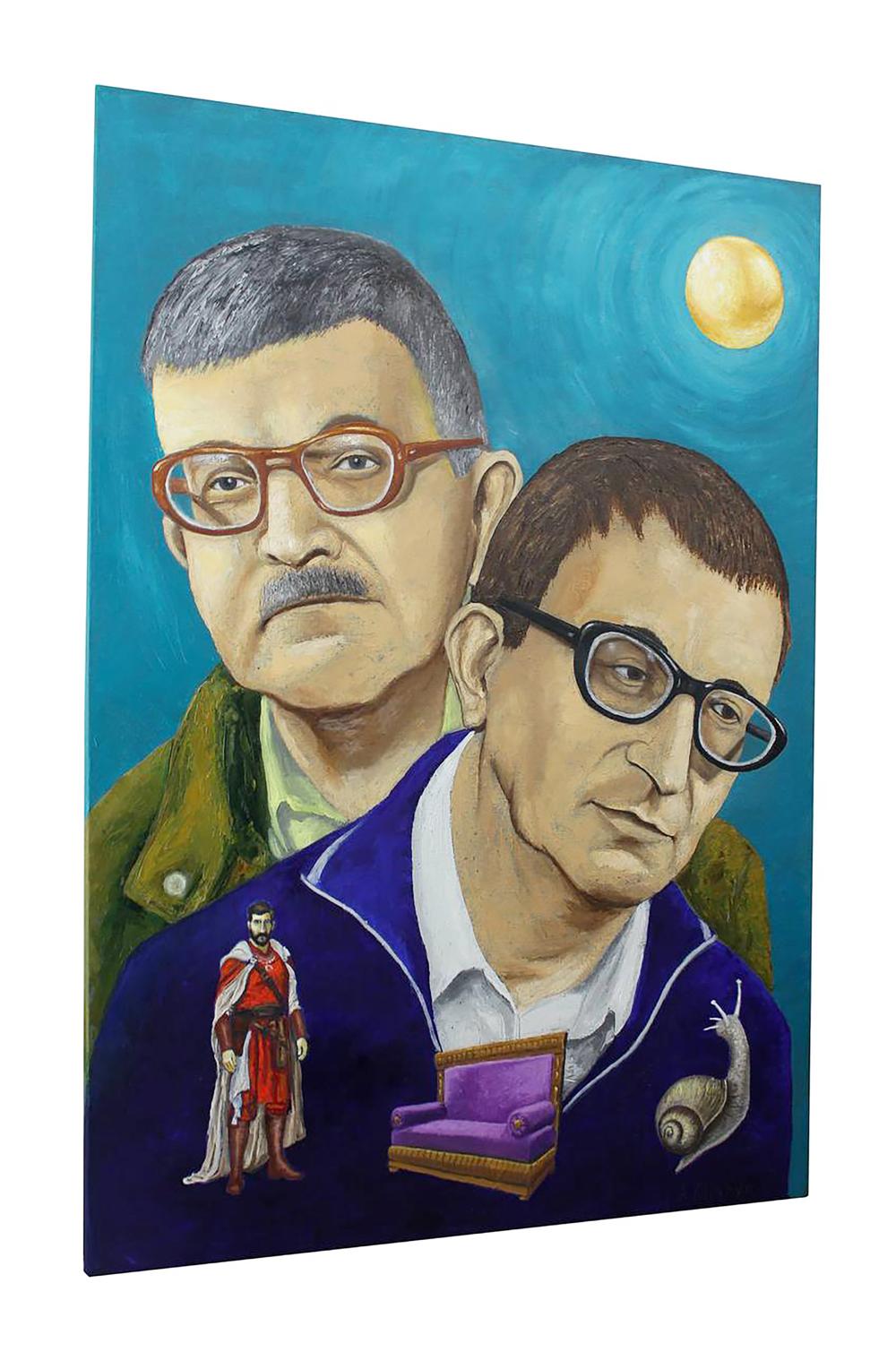 Oil painting of brothers Andrii Klishyn: two men in glasses, teal sky, golden moon