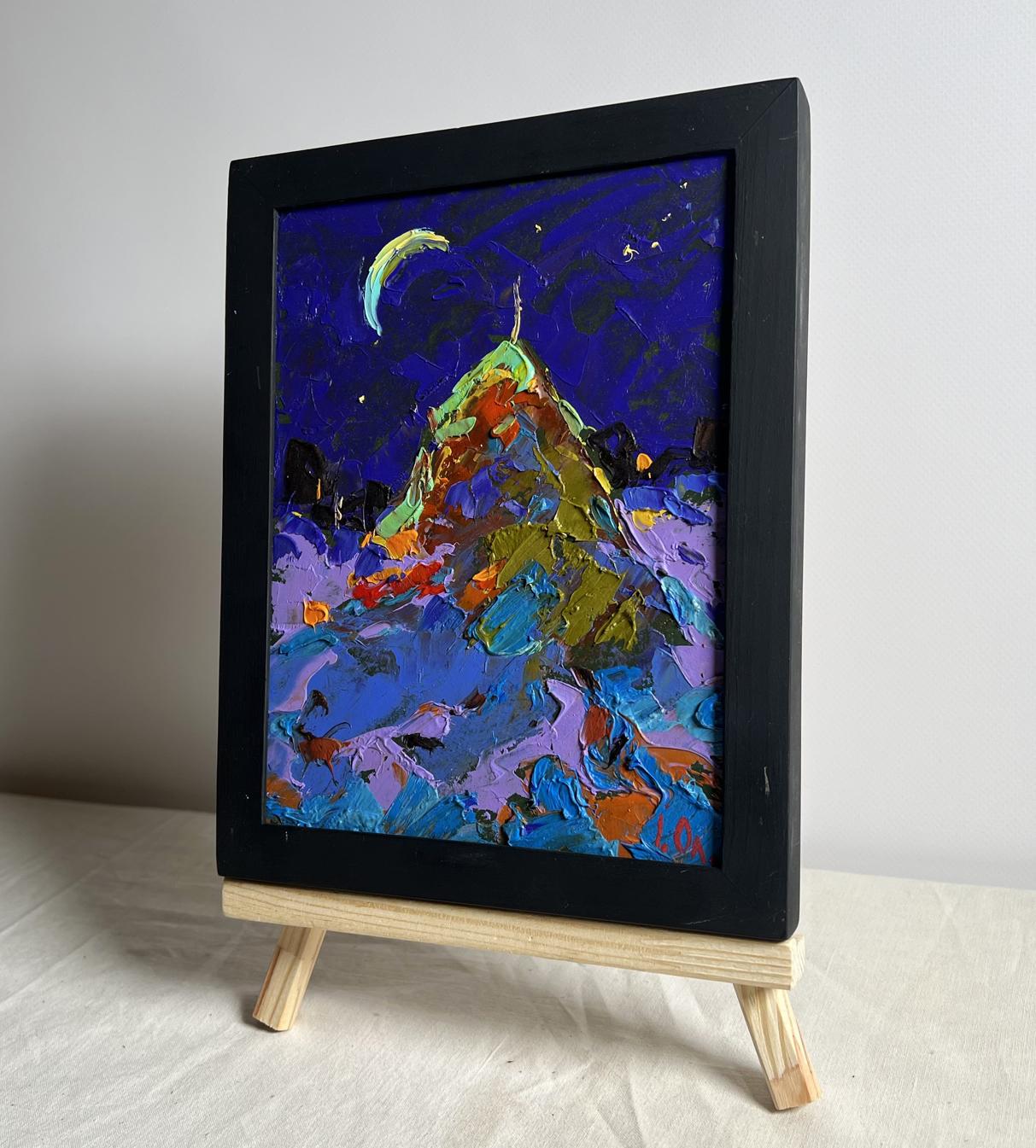 Oil painting Moonlit Night in the Field by Oleksiy Ivanyuk, vibrant mountain under crescent moon