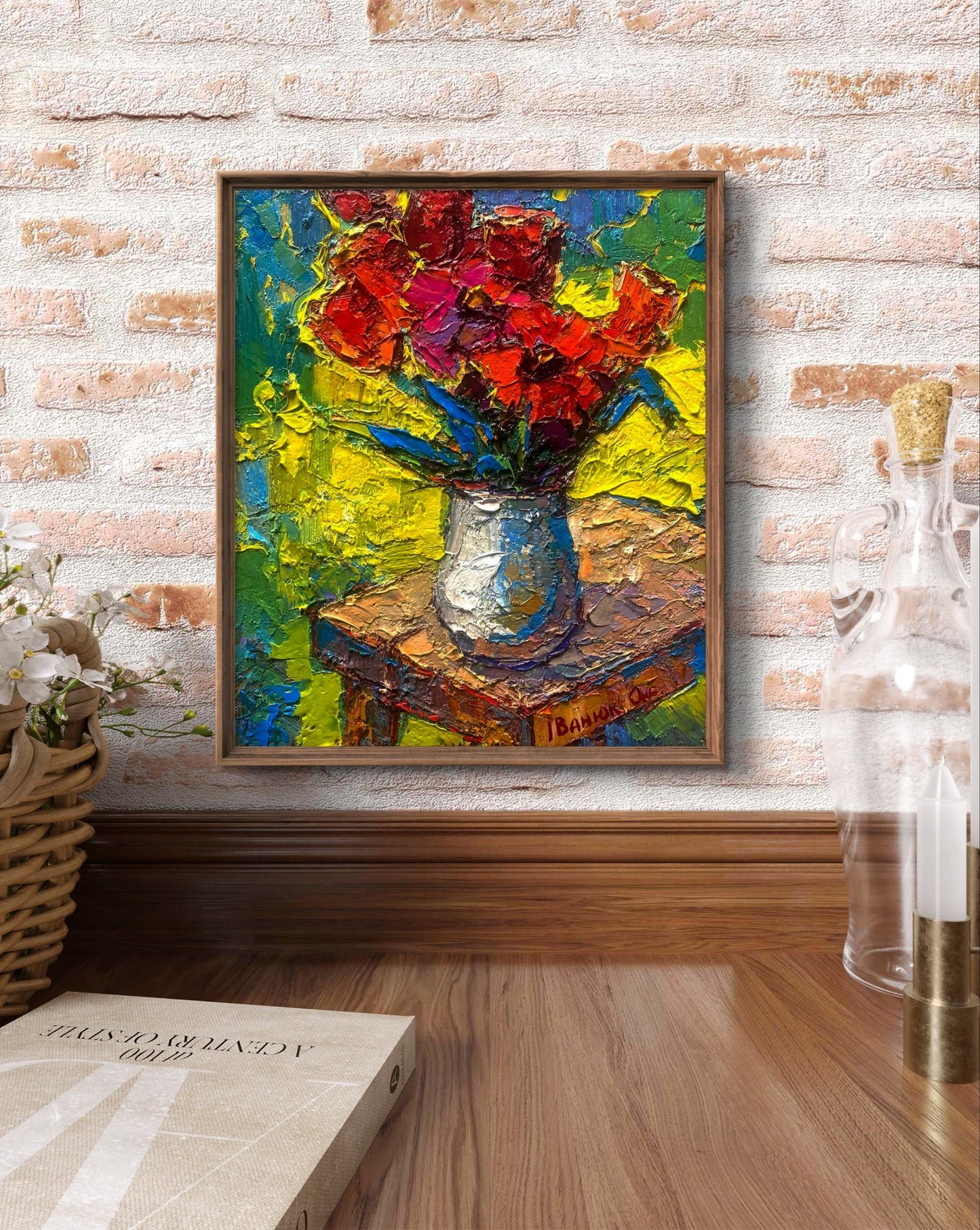 Vibrant impressionist oil painting of tulips by Oksana Ivanyuk in wooden frame