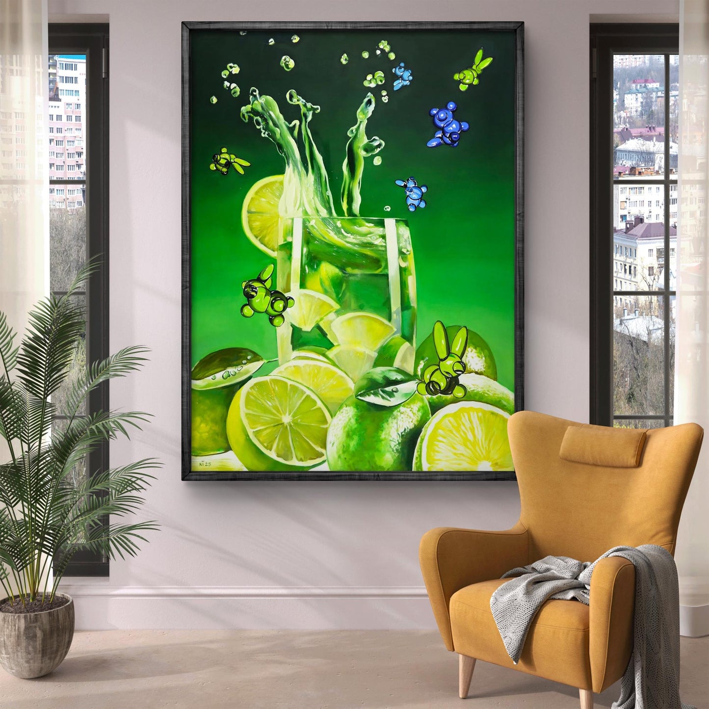 Oil painting The sour taste of lime by Igor Konovalov with lime splash and insects