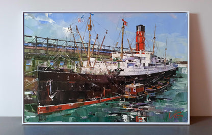 Framed oil painting of RMS Carpathia steamship by Volodymyr Gluhomanyuk