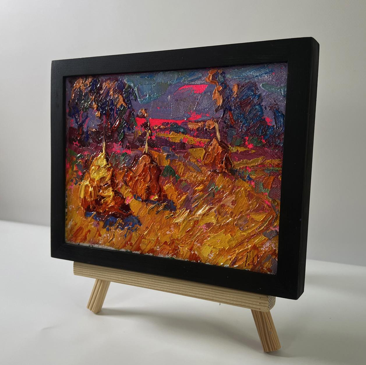 Oil painting Sunset over the field by Oleksiy Ivanyuk in black frame