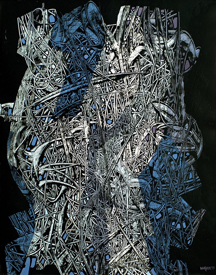 Abstract artwork featuring tangled, wire-like forms in shades of blue and gray against a dark background.