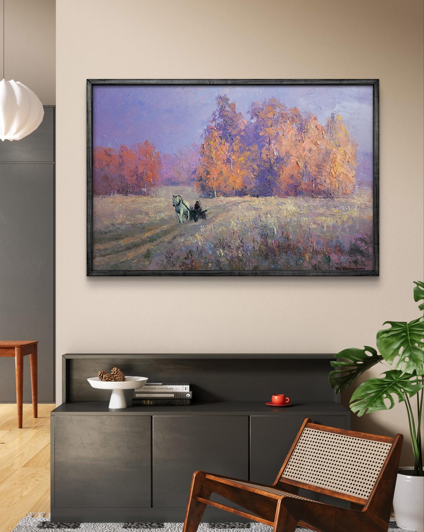 Oil painting Cold morning by Boris Serdyuk: autumn landscape in purples, oranges