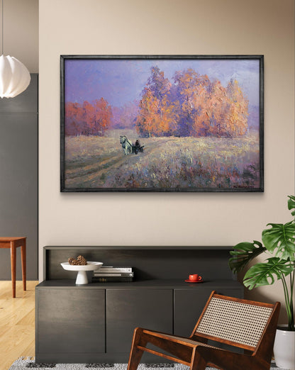 Oil painting Cold morning by Boris Serdyuk: autumn landscape in purples, oranges