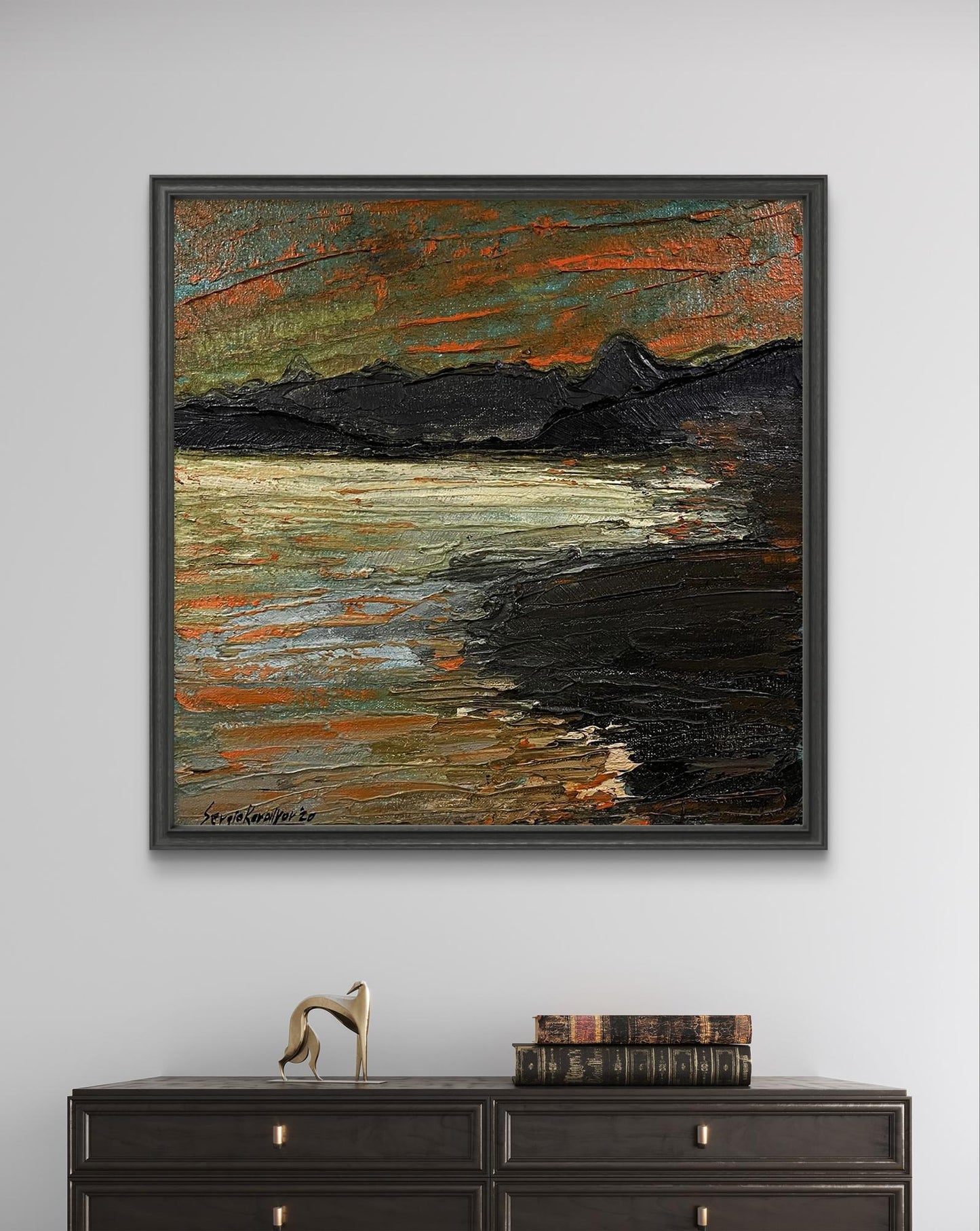 Oil painting On the Other Side by Serhiy Kovalev, textured orange green black landscape in gray frame